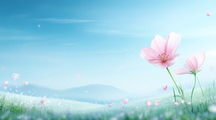 Fototapeta premium Vivid pink flowers in full bloom across green meadow under serene blue sky