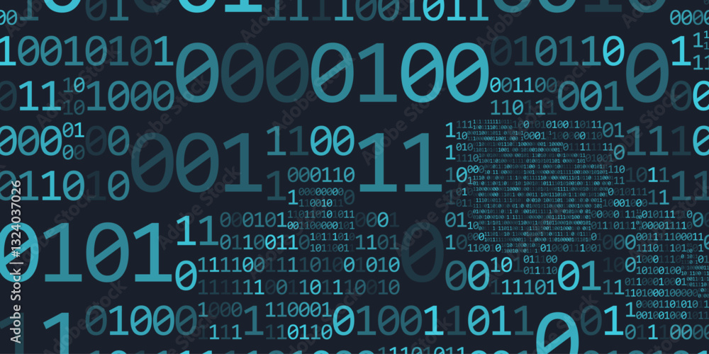 Poster Abstract binary code cloud background. AI learning on data cyber field. Futuristic digital technology.