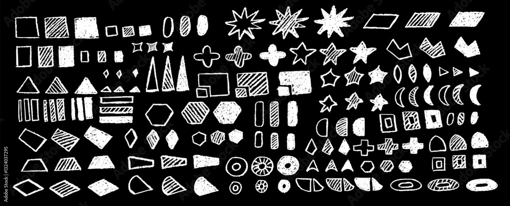 Poster set of abstract geometric basic shapes drawn with pastel white color or charcoal. hand drawn paint q