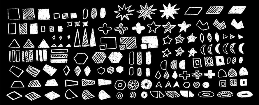 Set of abstract geometric basic shapes drawn with pastel white color or charcoal. Hand drawn paint quote frame collection. Empty monochrome speech bubble set. Scribble square shape text boxes. Vector