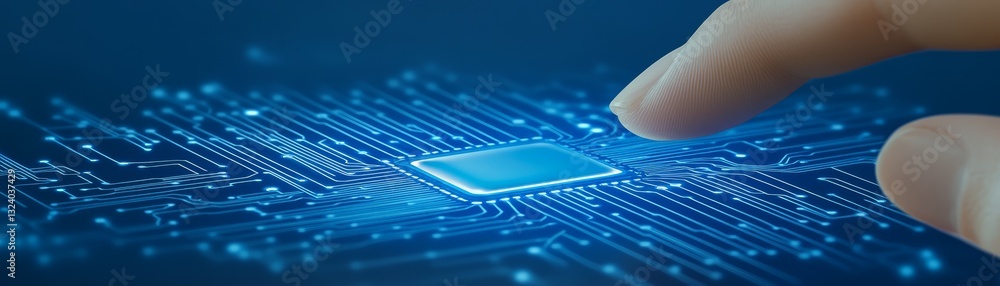 Aufkleber finger activating microchip on circuit board closeup view of advanced technology