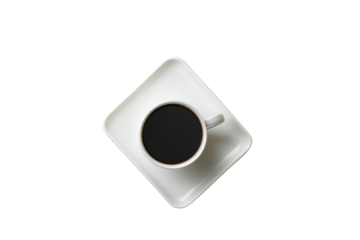 A top view of a black coffee cup on a white square saucer against a white background, perfect for showcasing beverage culture and coffee appreciation.