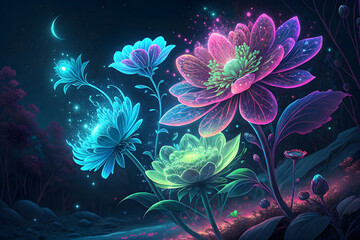 Fototapeta premium Neon Glow Floral Fantasy – Futuristic Vibrant Flowers with Electric Colors and Dark Background