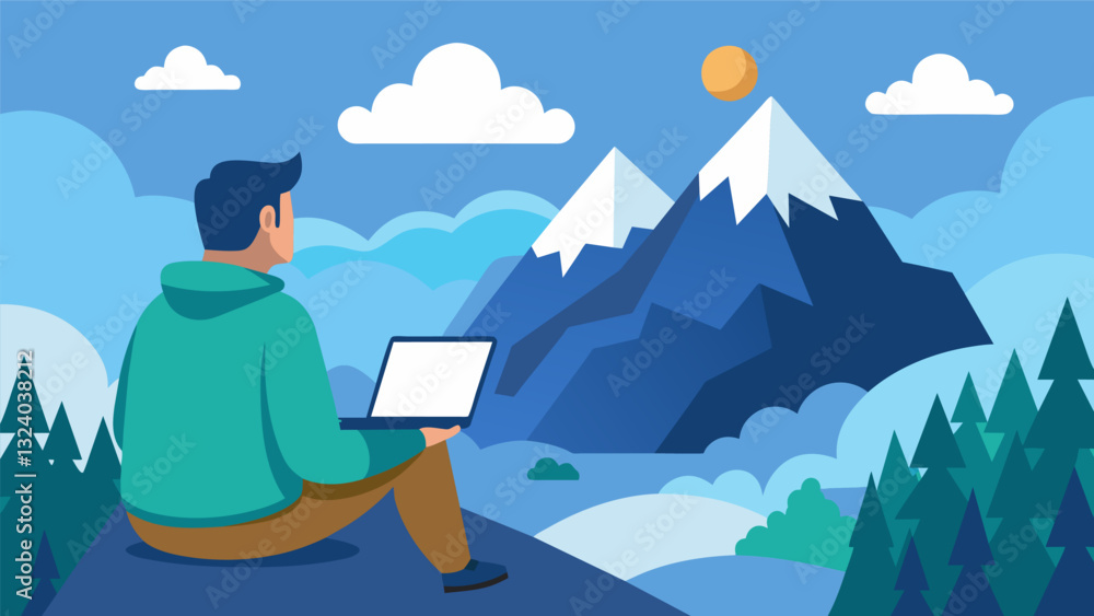 Poster high in the mountains a digital nomad gazes out at the breathtaking view uploading data from their l