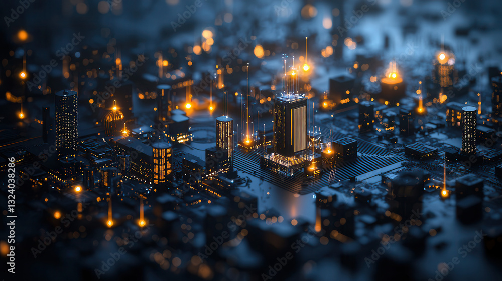 Poster futuristic cityscape with glowing buildings and network of lights, representing dynamic global data 