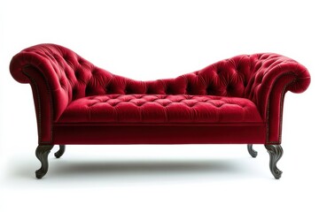 Elegant red velvet chaise lounge with intricate tufting and ornate wooden legs in bright setting isolated on transparent background