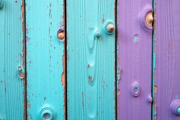 Fototapeta premium Weathered aquamarine & purple wood planks, close-up Vintage fence texture , color, rustic
