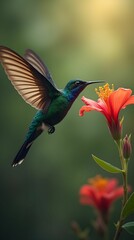 Fototapeta premium A beautiful hummingbird hovers over a bright flower