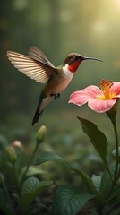 Fototapeta premium A beautiful hummingbird hovers over a bright flower