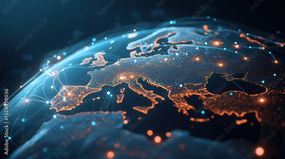 Poster modern 3d isometric representation of global data network showcasing europe with glowing connections