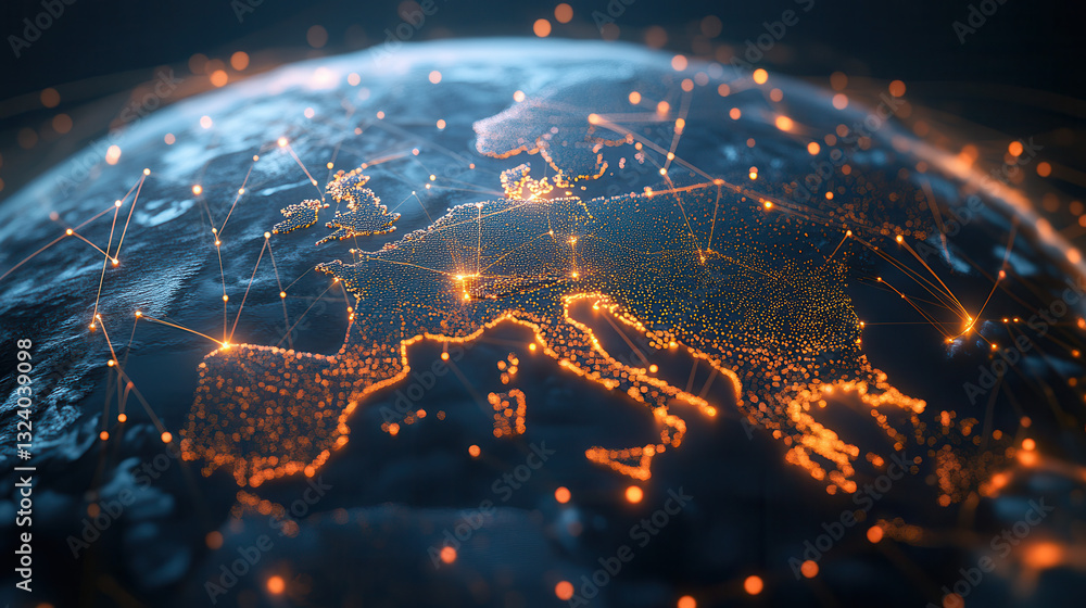 Poster global data network visualization showcasing europe with glowing connections, representing technolog