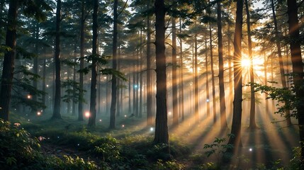 Magical Forest at Sunrise with Glowing Mist, Fantasy and Mystery