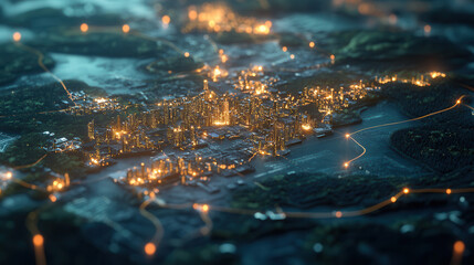 Aerial view of glowing cityscape at night, showcasing urban lights and network connections