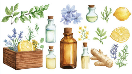 A collection of watercolor illustrations featuring essential oil bottles, herbs, and flowers arranged in various poses on a white background.