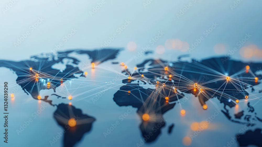 Poster clean and modern visual of global data network showcasing connections across continents, symbolizing