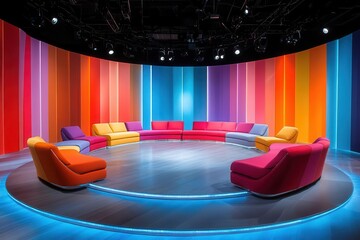 innovative talk show set sleek curved seating arranged in a semi-circle, featuring vibrant color-blocked upholstery against a minimalist backdrop with dynamic lighting elements