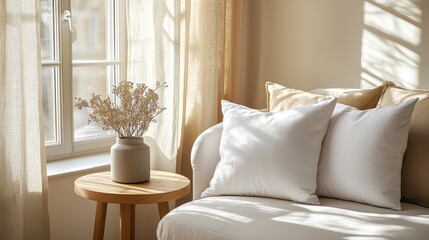 Cozy minimalist living room soft textiles bright natural light relaxing atmosphere indoor comfort