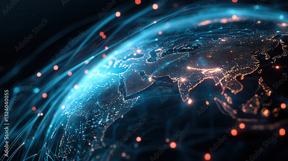 Poster dynamic 3d isometric illustration of global data network, showcasing interconnected nodes and vibran