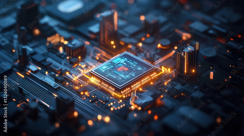 Poster dynamic 3d isometric illustration of global data network, showcasing microchip surrounded by glowing
