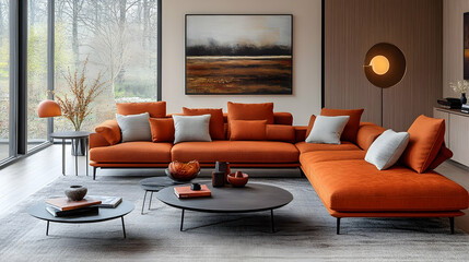 Modern orange sectional in a contemporary living room