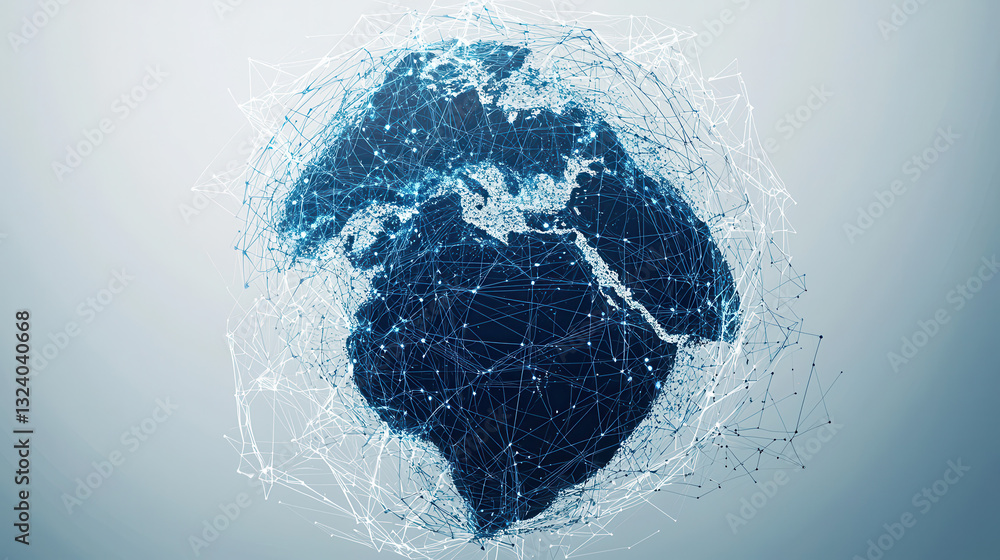 Poster dynamic and modern depiction of global data network surrounding africa, showcasing interconnected li
