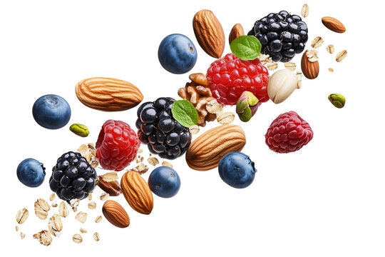 Floating nuts, berries and oatmeal in mid-air isolated on a transparent background