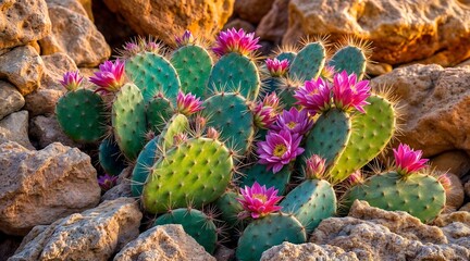 Prickly Pear Cactus with Vibrant Pink Flowers, Desert Resilience
