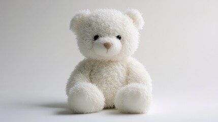 Obraz premium A fluffy, white teddy bear, its soft fur a beacon of comfort, sat isolated against a pristine white backdrop, its innocent gaze captivating the viewer.