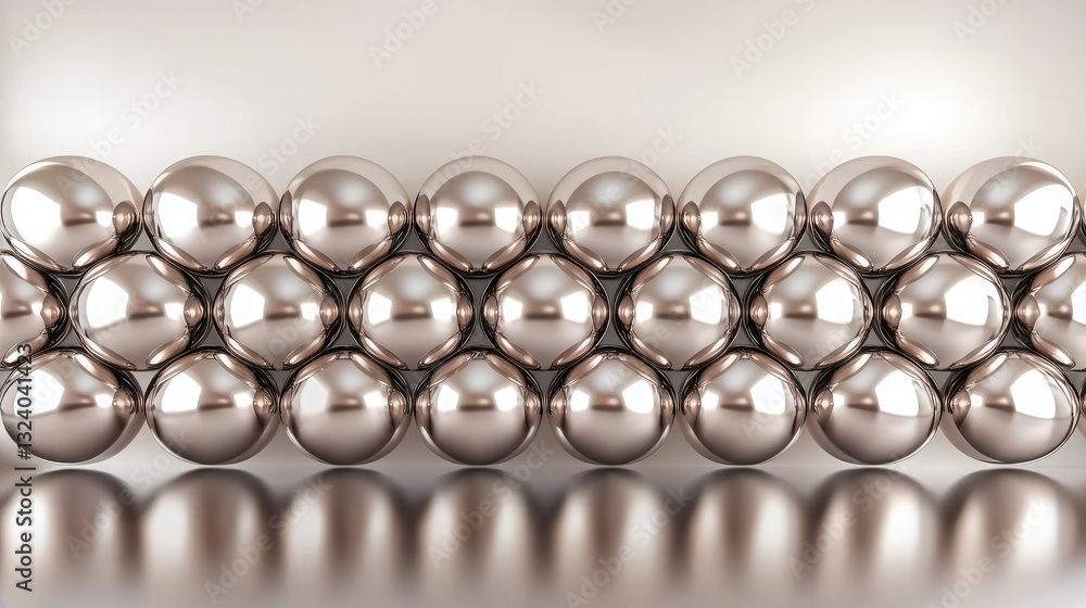 Poster elegant bronze metallic spheres arranged in a symmetrical pattern on a glossy reflective background,