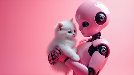 Obraz premium Robotic hand gently holds a fluffy white kitten against a pink backdrop 
