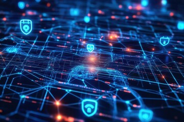 intricate ai neural network visualized as glowing blue pathways protecting medical data, with digital locks and healthcare symbols floating in a secure cloud environment, dramatic lighting