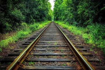 Obraz premium Photograph of railway tracks leading into the distance in a forest