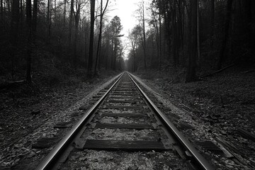 Obraz premium Photograph of railway tracks leading into the distance in a forest