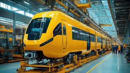 Factory workers assembling a modern yellow train, showcasing the advanced technology used in transportation manufacturing