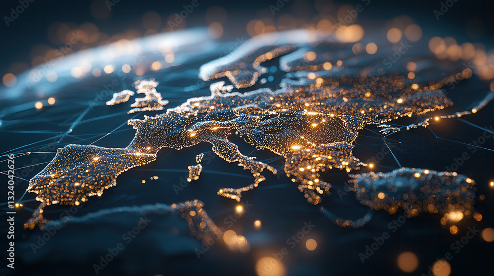 Poster digital map of europe illuminated by glowing data points, showcasing connectivity and technology
