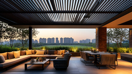 Fototapeta premium Modern outdoor living area with city view
