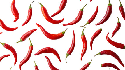 Fototapeta premium A vibrant arrangement of red chili peppers on a white isolated background, showcasing their glossy texture and sharp, spicy appeal.