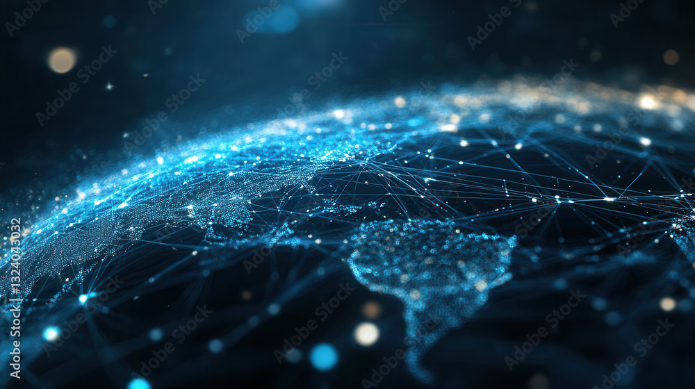 Poster futuristic global data network with glowing blue connections and nodes, representing advanced techno