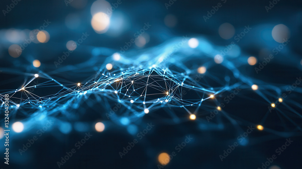 Poster futuristic global data network with glowing blue connections and lights creates mesmerizing visual