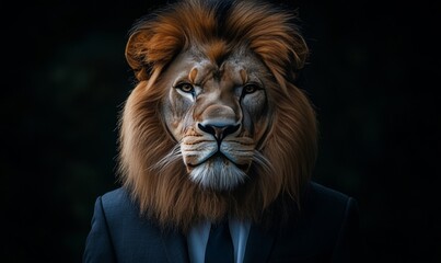 Fototapeta premium a lion in a suit with a powerful gaze, exuding confidence and authority. The lion's presence commands respect, embodying leadership