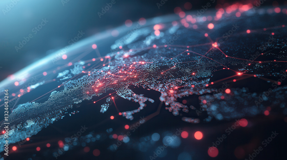Poster futuristic global data network visualizing interconnected nodes across europe, showcasing vibrant li