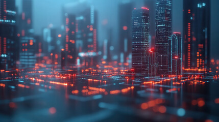 Obraz premium Futuristic cityscape with glowing data networks and skyscrapers