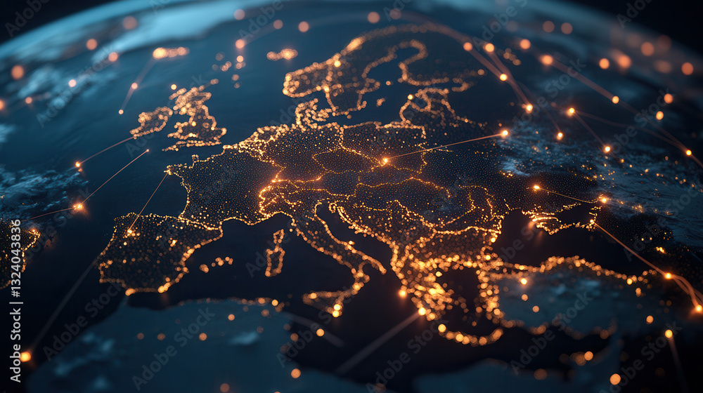 Poster high tech global data network illuminated by glowing nodes across europe, showcasing connectivity an