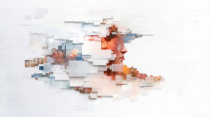 highly stylized digital artwork featuring fragmented face composed of geometric shapes and colors, evoking sense of abstraction and depth