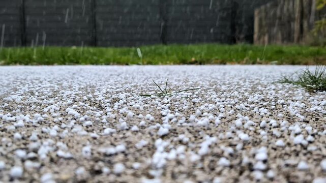 Unexpected hail with small ice pellets covers the ground in suburban area during early spring or summer storm. High quality 4k footage