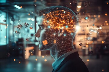labyrinth of thoughts visualized as glowing neural pathways in a businessman's transparent head, surrounded by floating puzzle pieces and equations in a dimly lit modern office
