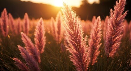 Golden wheat fields  glowing in the warm vibrant summer sunset. Nature, tranquility, and beauty
