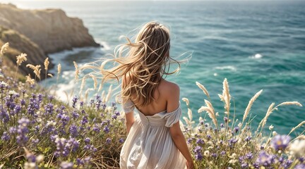Young woman enjoying a sunny day on the beach and in the field with a smile and natural beauty