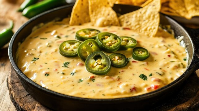 Hot and creamy queso dip served in a skillet with sliced jalapenos on top, ready for dipping tortilla chips or vegetables in a flavorful snack