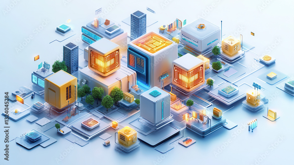 Poster modern and innovative depiction of global data network with vibrant servers, interconnected building